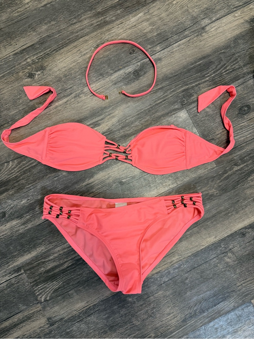 Candie's Coral Pink Bandeau Bikini with Decorative Rings